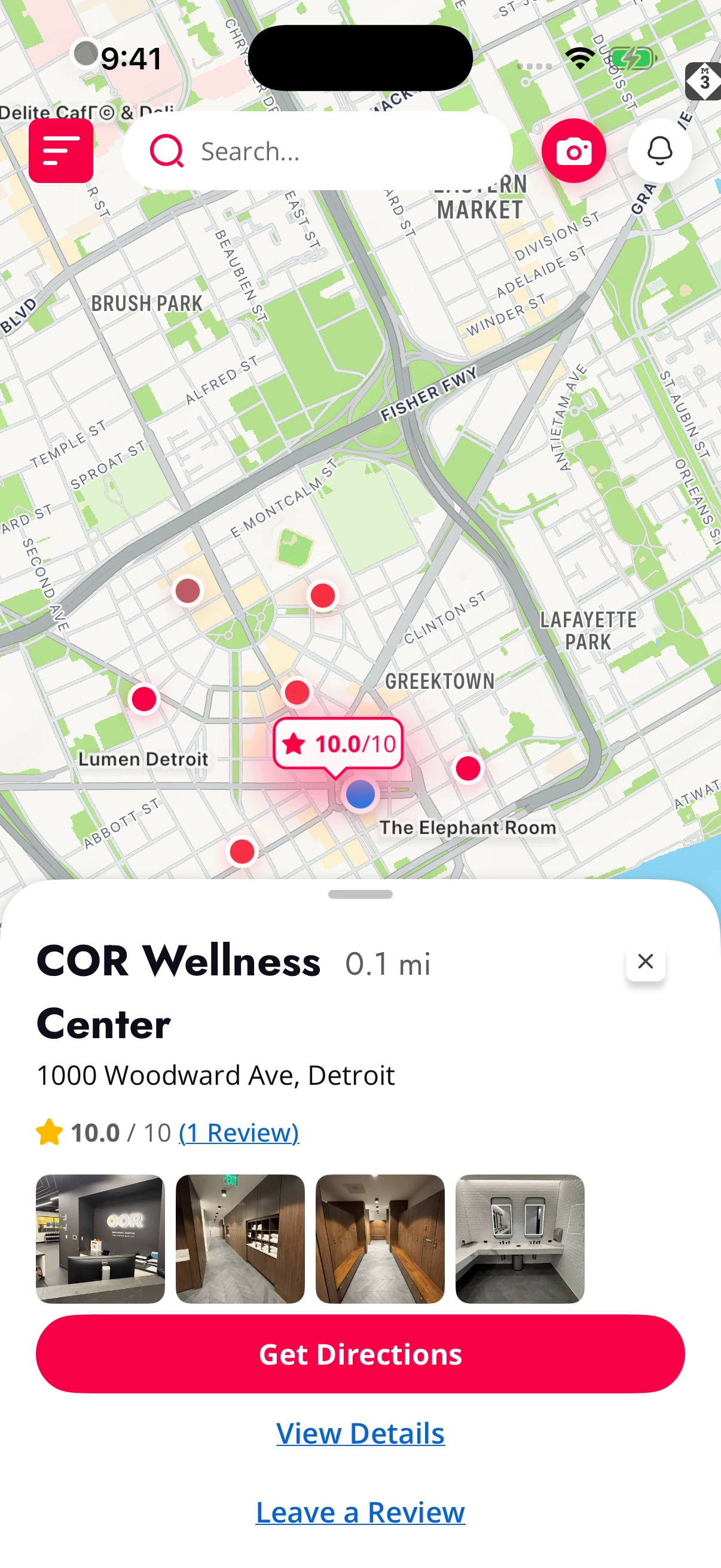 Shooki map showing COR Wellness Center rated 10 out of 10