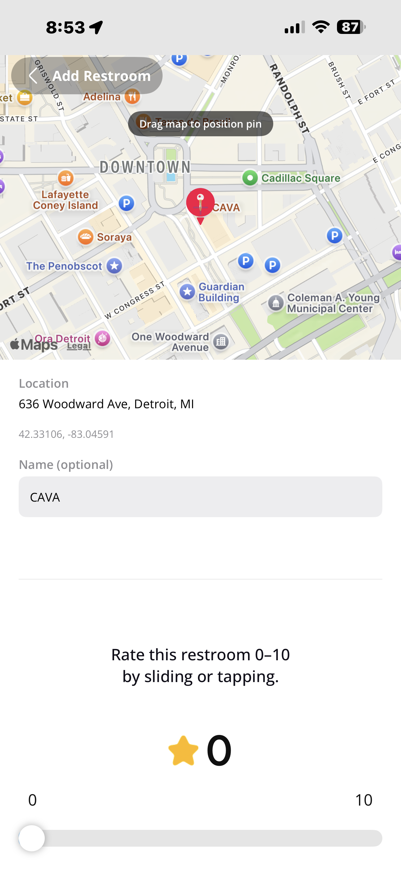 Add a restroom rating in Shooki