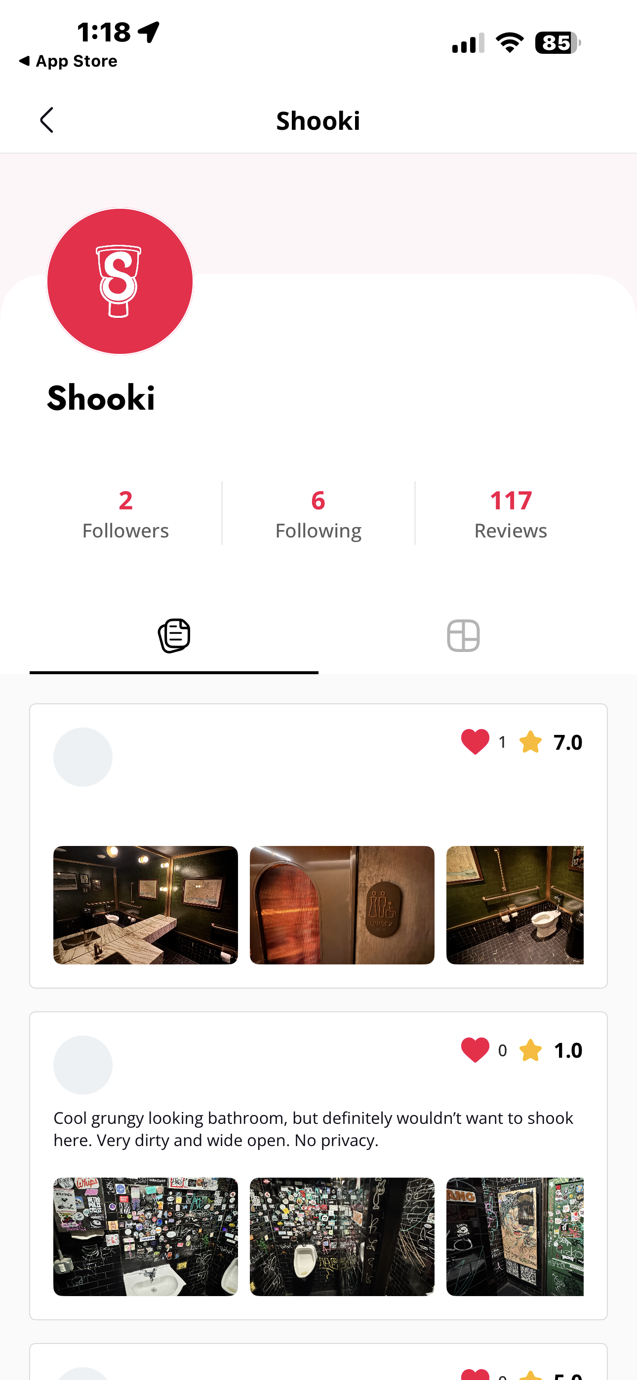Shooki user profile with bathroom reviews